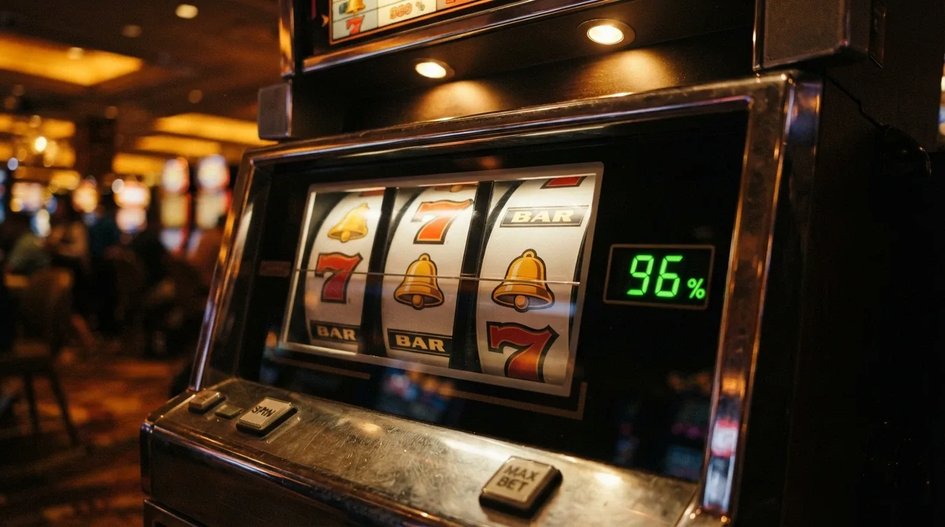 Tres carretes de slot alineados mostrando símbolos clásicos (frutas, campana, bar) junto a una pantalla digital con el porcentaje de RTP resaltado