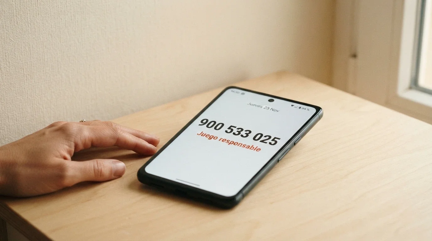 Teléfono de ayuda 900 533 025 sobre un fondo con el mensaje «Juego responsable»