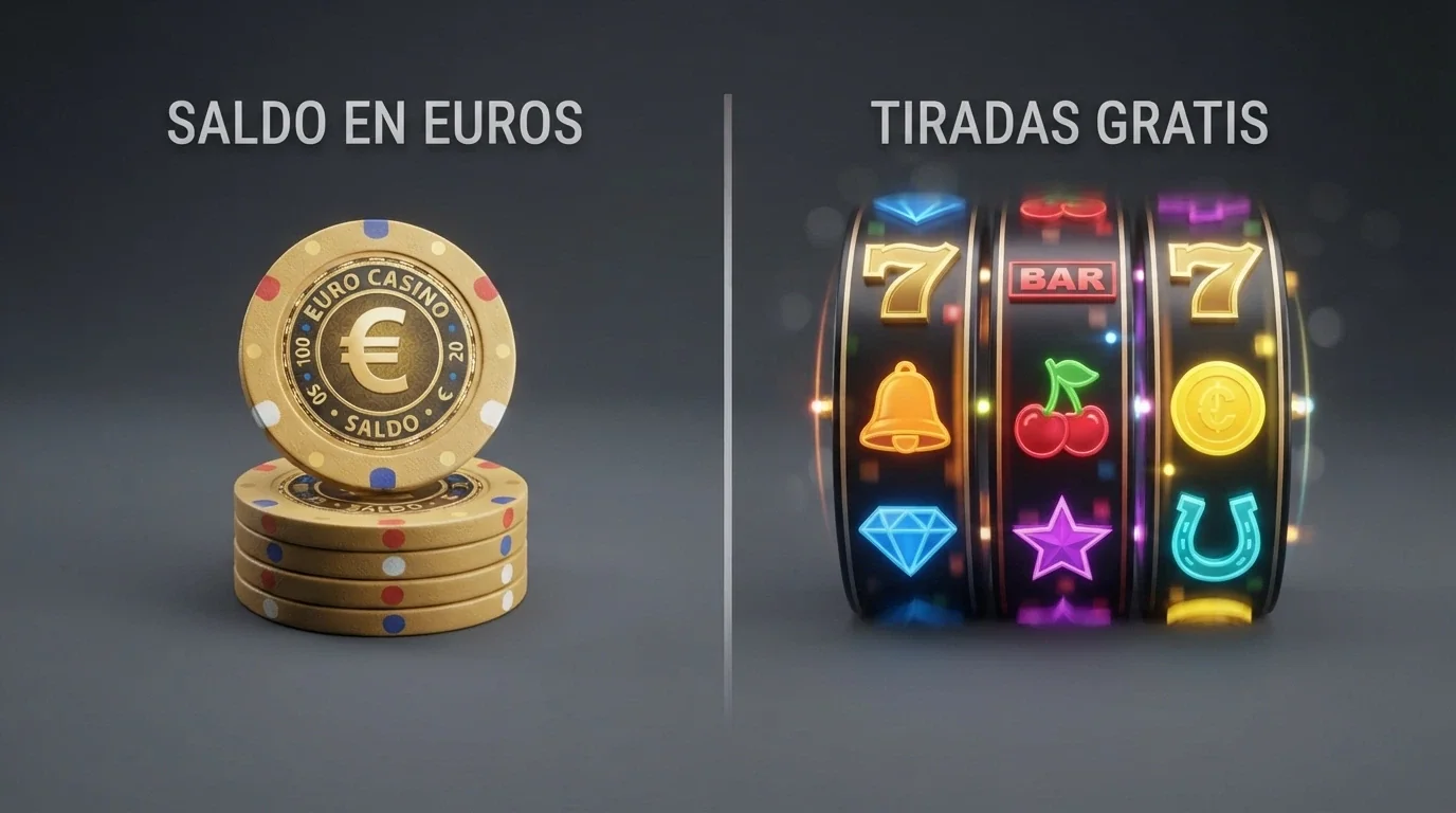 Dos columnas comparativas: una con monedas de euro y otra con iconos de tiradas gratis
