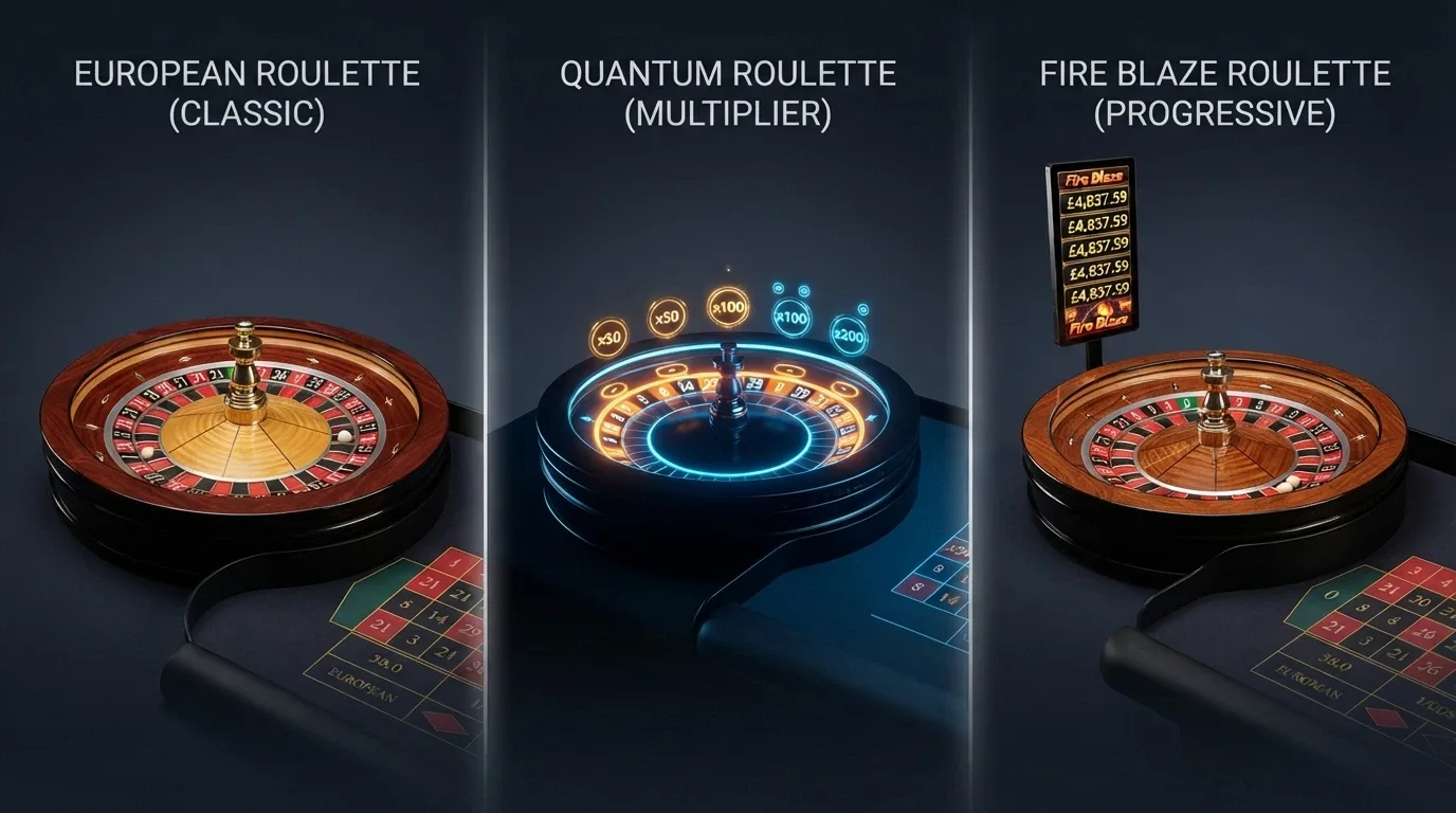 Pantalla partida con tres variantes de ruleta en vivo: una mesa clásica, una con multiplicadores iluminados y una con jackpot progresivo en pantalla