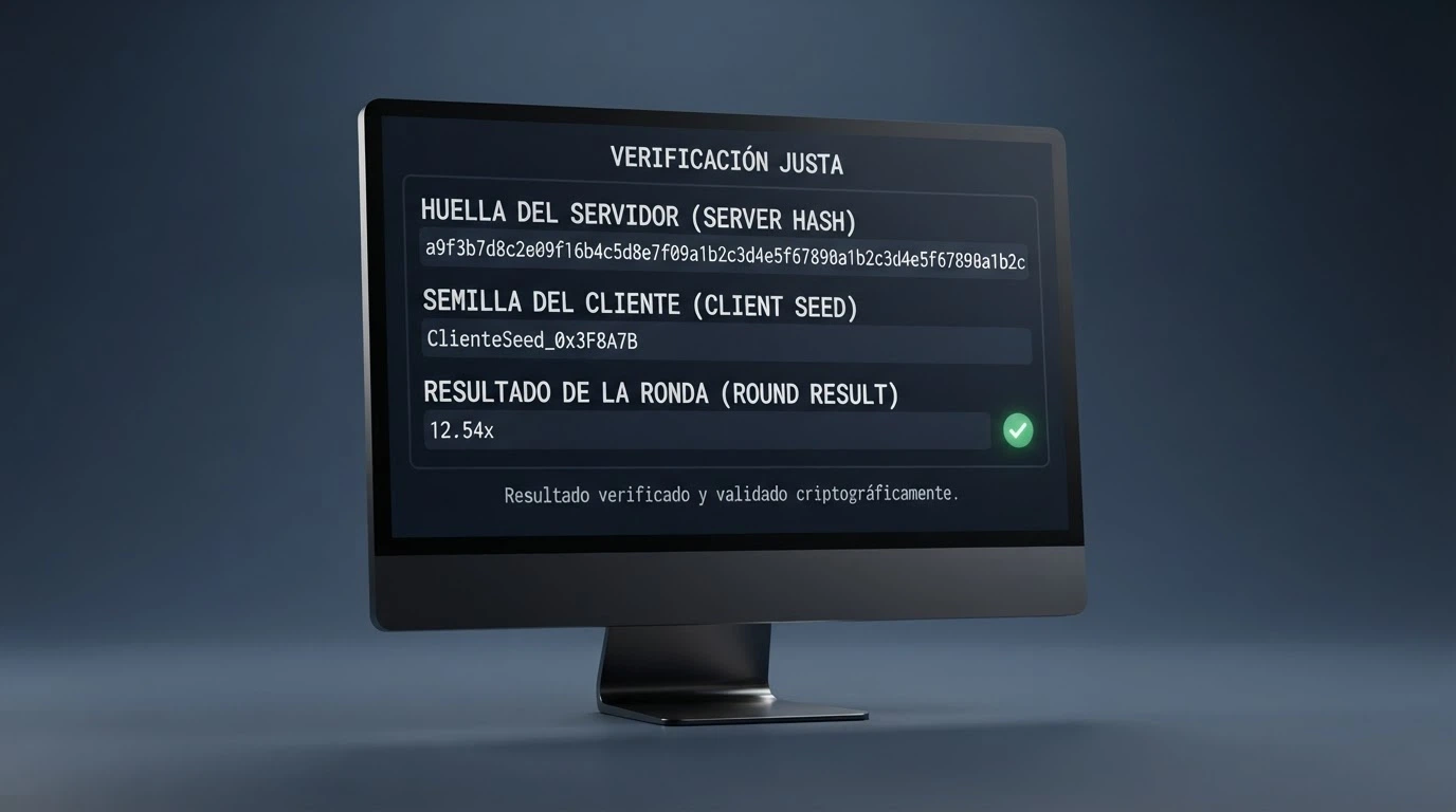 Pantalla de verificación provably fair con el hash del servidor, la semilla del cliente y el resultado de la ronda visibles
