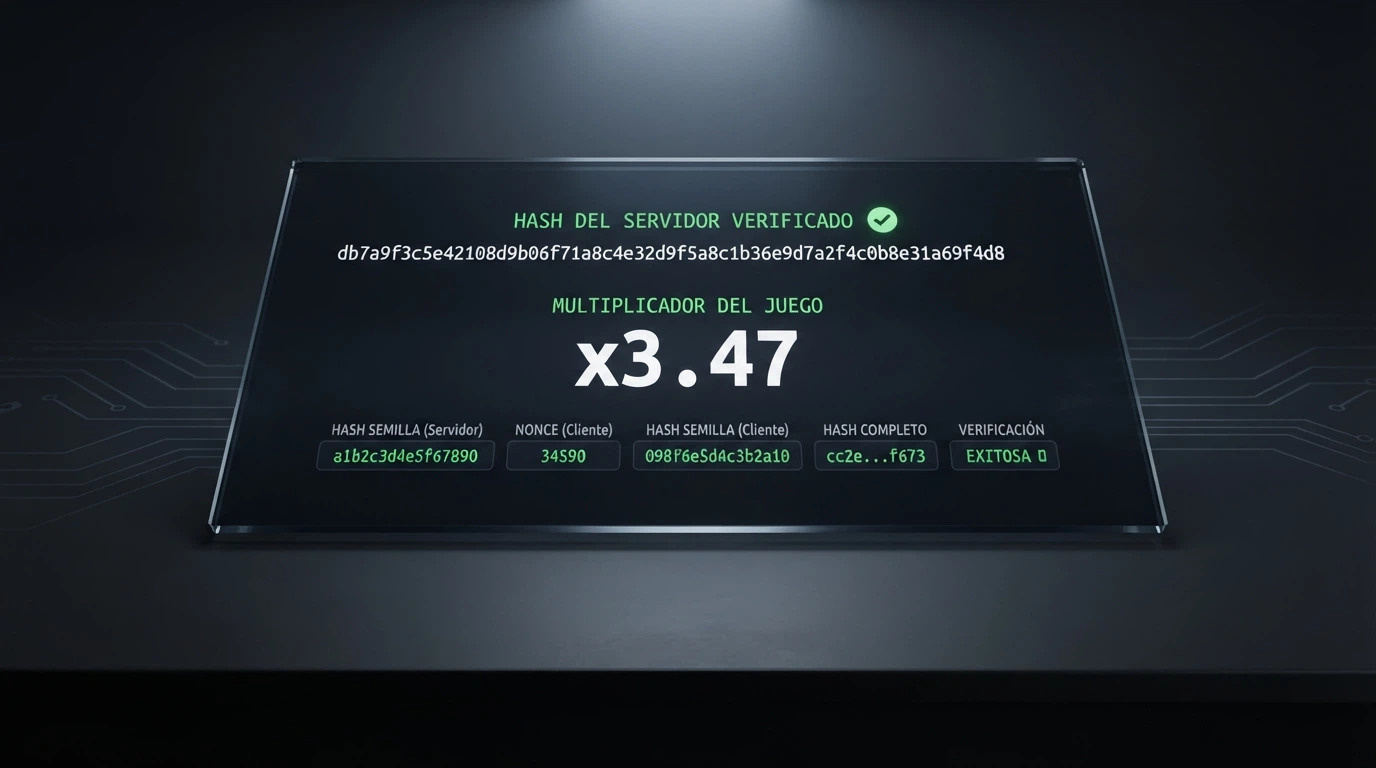 Pantalla de verificación de una ronda de Aviator con el hash criptográfico, el resultado y los valores comprobables