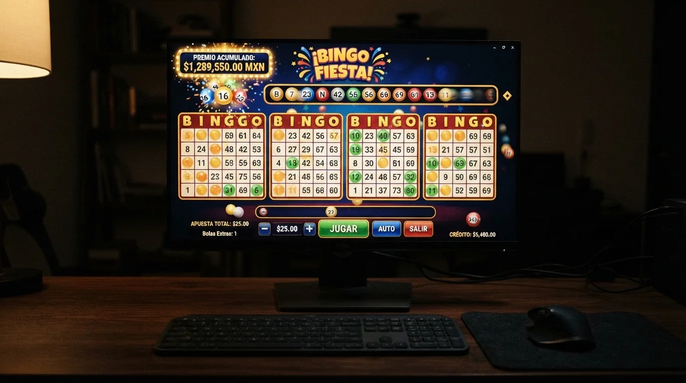 Captura de un juego de video bingo español con mecánicas de slot, cartones múltiples y un bote progresivo visible